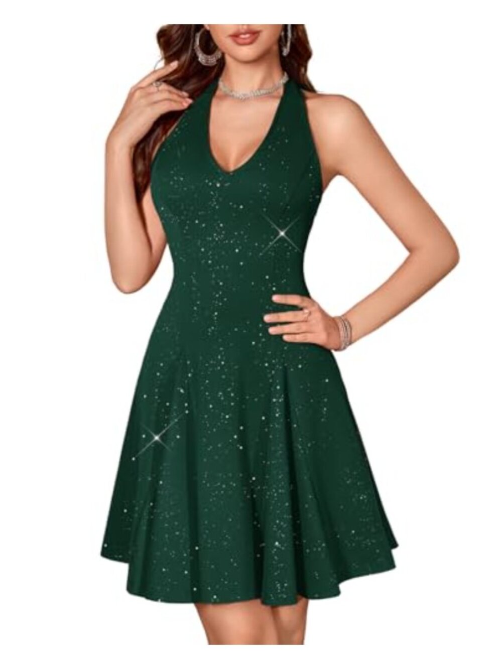 Sparkly Sequin Halter Backless A-Line Mini Dress